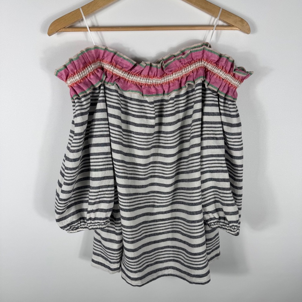 Trina Turk Off Shoulder Striped Linen Blouse Womens XLPineapple Top Grey Pink - Picture 8 of 8